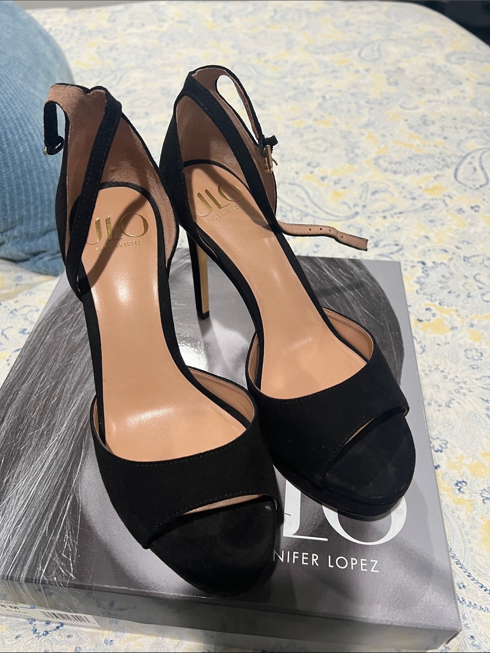 Jennifer Lopez Black Suede Peep-Toe Ankle Strap Stilettos